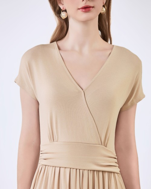 SIXDO G-Beige V-Neck Woven Flared Dress